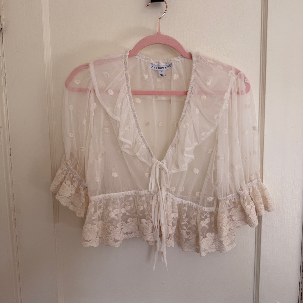 And Now This Sheer Floral Embroidered Ruffle Ivory Blouse Women’s Medium
